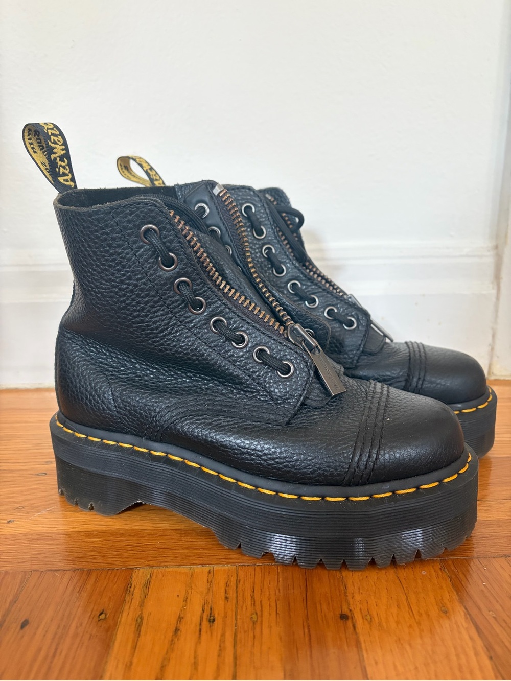 Dr. Martens Black Leather Platform Zip Lace-Up Ankle Boots with Yellow Stitching